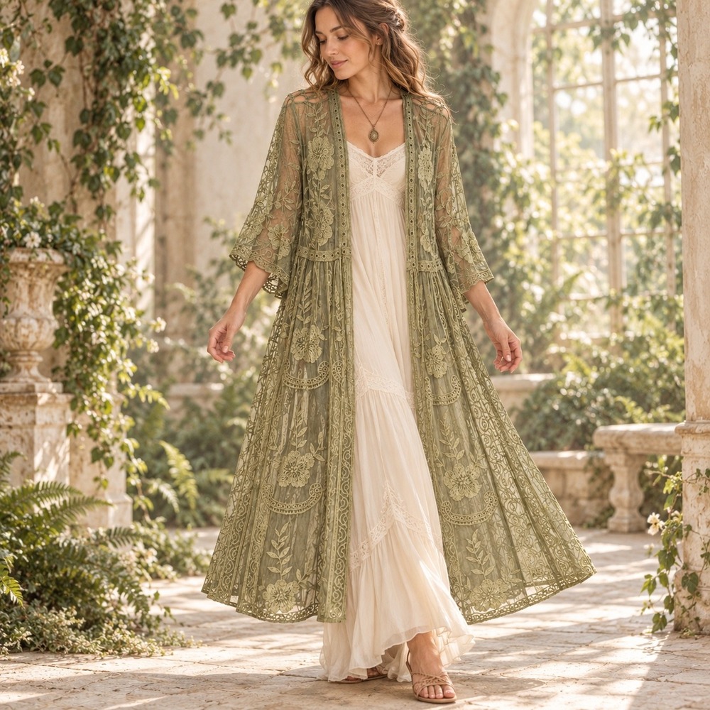 Rachel Zoe Sage Green Floral Lace Duster One Size Fairycore Boho
